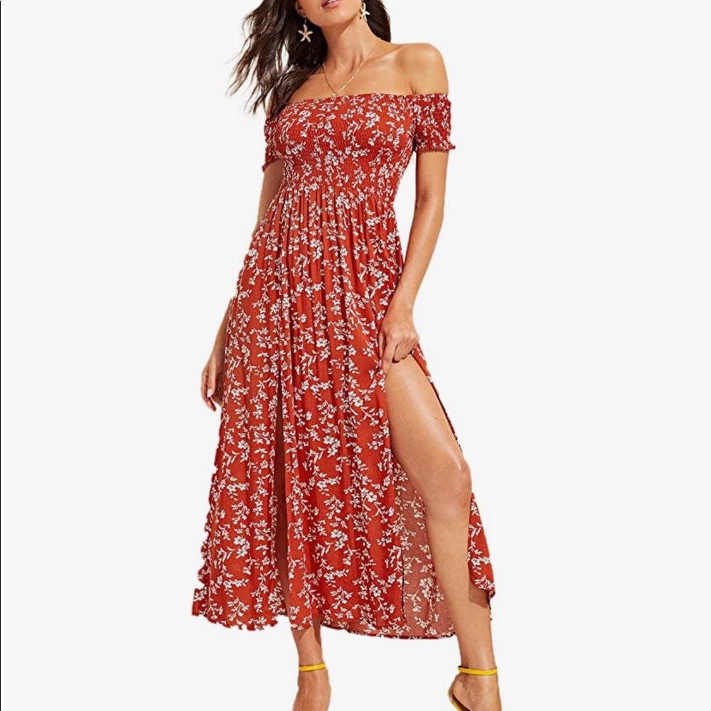 Boho Floral Print Off Shoulder Split Long A Line Dress